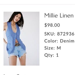 Free people. Millie linen vest. Size medium. Never worn